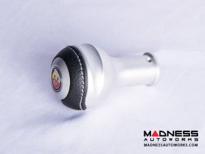 FIAT 500 Gear Shift Knob - Black Italy - Silver Base/ Black Leather Top + ABARTH Logo - V2